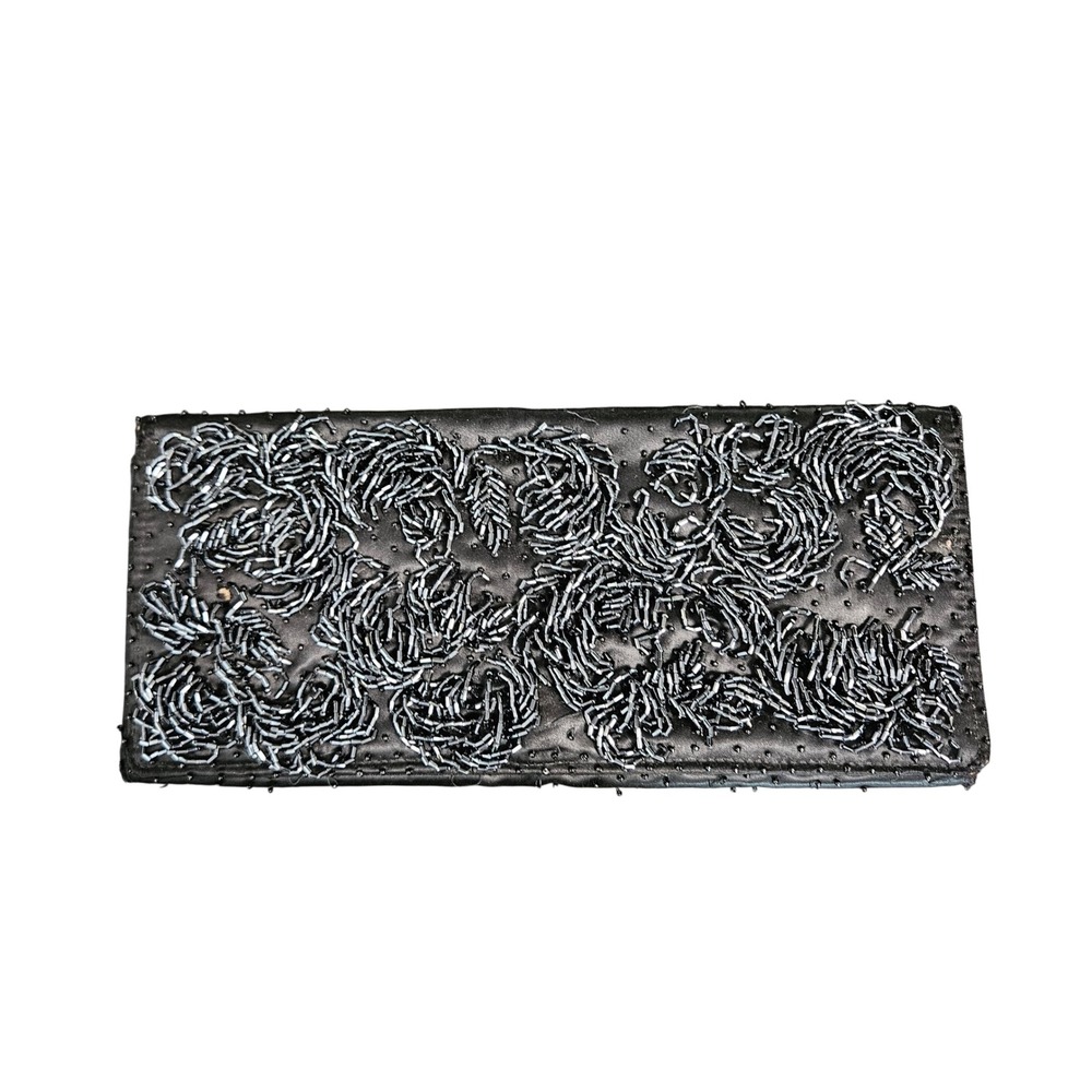 Vintage Bonnie's Black Satin Beaded Floral Clutch Evening Bag Made in Hong Kong